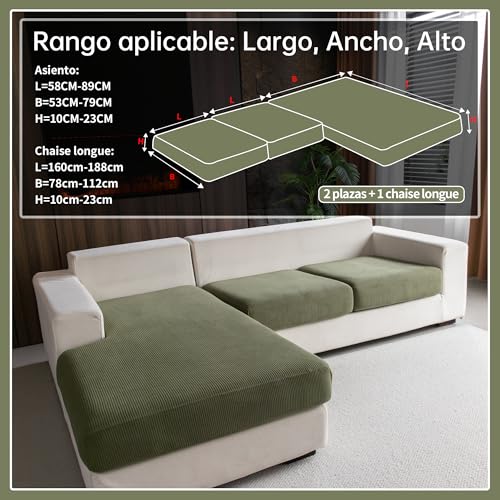 OHSIO Elastic Sofa Cushion Cover, Non-Slip, Washable, Universal, Durable and Easy to Clean (Green, 2 S Seat Covers + 1 Chaise Longue Cover)