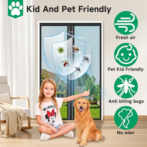 Magnetic Fly Screen Door, Fibreglass Mesh with Full-Length Magnets, NO Gap Auto Closes Kid and Pet Friendly Patio Exterior Door Curtains to Stop Flies Without Drilling (90x200cm, Black)
