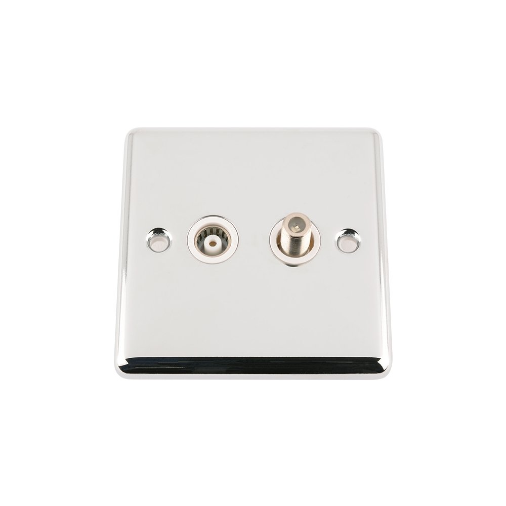TV Aerial + Sky Satellite Socket - Polished Chrome - Classic - White Insert