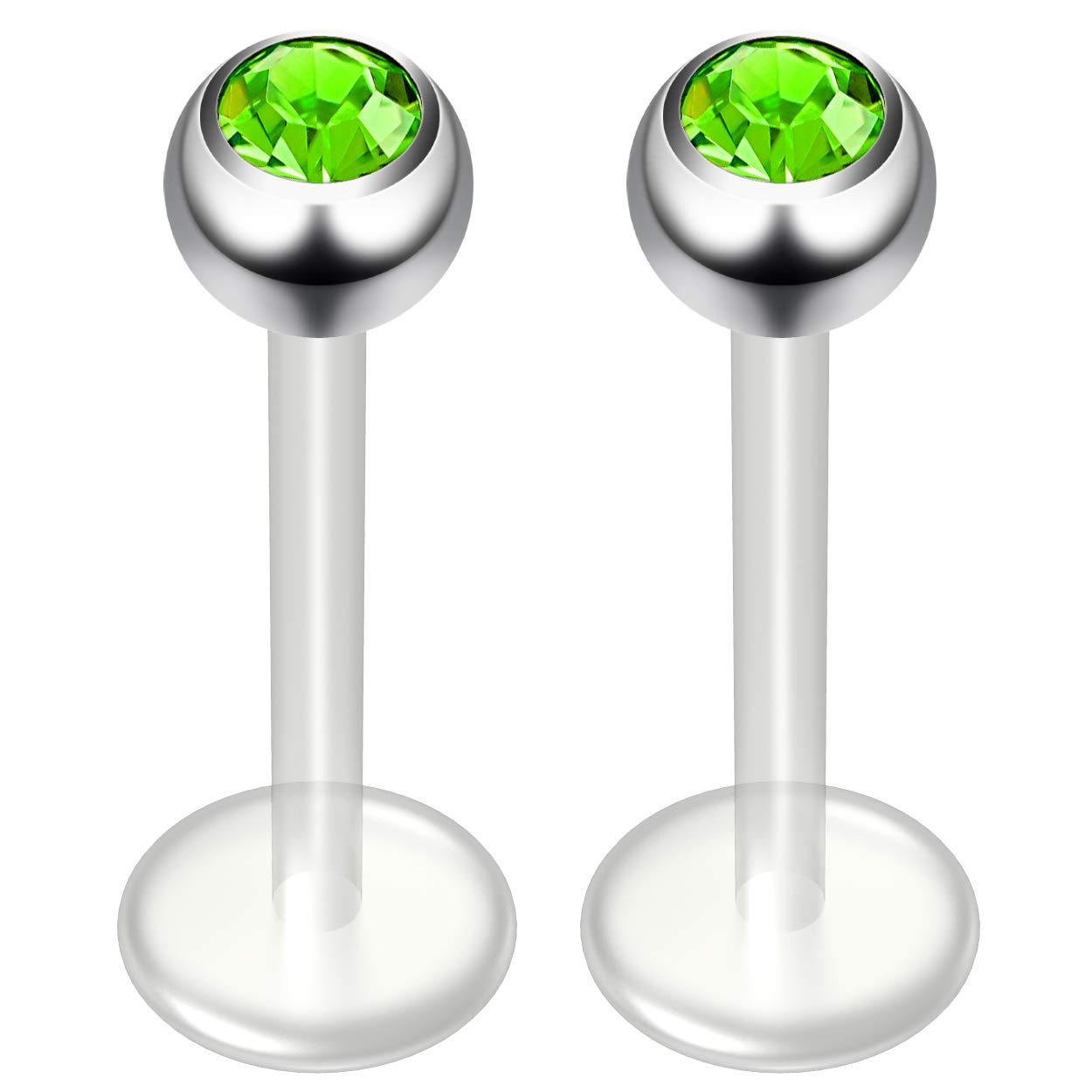Bling Piercing 2pc 16g 1.2mm Peridot CZ Gem Bioplast Labret Bar Flexible Lip Stud Clear BioFlex Hypoallergenic Jewellery 10mm