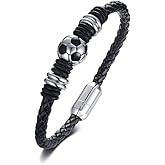 Men's Football Soccer Ball Charm on Braided Genuine Leather Bangle Bracelets with Stainless Steel Clasp,8.6", Gift for Son
