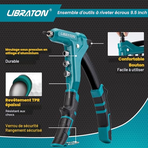 Libraton Rivet Nut Pliers, Threaded Insert Pliers, 9.5 Inch Rivet Nut Tool, Threaded Rivet Kit with Nuts and Mandrels M3, M4, M5, M6, Manual Rivet Nut Gun
