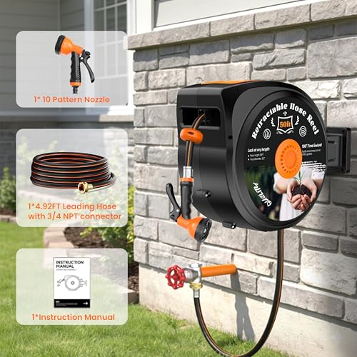 Retractable Garden Hose Reel, 1/2 in x 100 ft Wall Mounted Hose Reel Heavy Duty with 10-Function Sprayer Nozzle, Any Length Lock, Slow Return System, 180°Swivel Bracke for Large Yard Lawn Car Washing