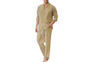 Men's 2 Piece Linen Set Long Sleeve Button Henley Shirts and Pants with Pockets Summer Casual Beach Outfits