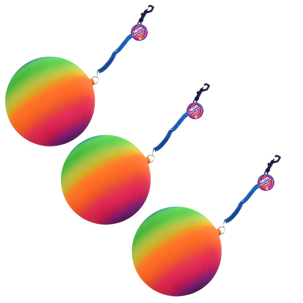 eMKay® Pack of 3 – Neon Rainbow Ball with Keychain – 20cm Inflatable Ball in Net Bag – Colourful Outdoor Summer Toys for Kids – Garden, Party, Beach, BBQ, Picnic & Party Games