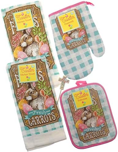 Easter Kitchen Dish Towels Set Includes 2 Towels, 1 Pot Holder, 1 Oven Mitt and 1 Pastel Cross with John 3:16 Reminder of Season- Bundle of 5 (Cottontail Farms Easter Patchwork)