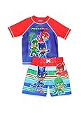 PJ Masks Boys Swim Trunks and Rash Guard Set (3T, Red/Blue)