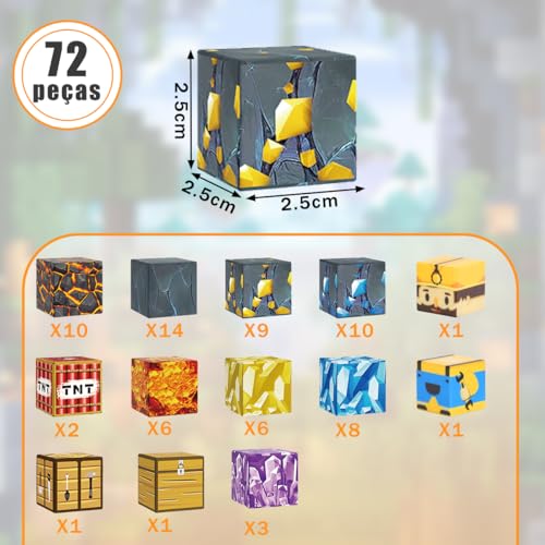 Blocos Magnéticos Infantil 72 Peças para Montar – Tema Mina de Ouro, Cubos Magnéticos Educativos de Construção, Brinquedo de Encaixe Estimulante para Crianças +3 Anos