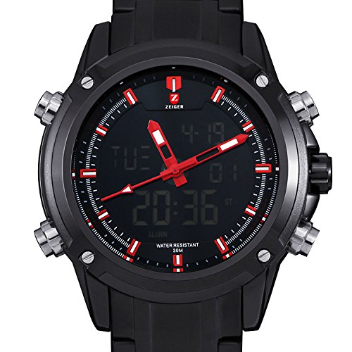 Zeiger New Men Analog Digital Sport Watch Black Stainless Steel Military Aviator Pilot LED Display Watch for Men (Black)