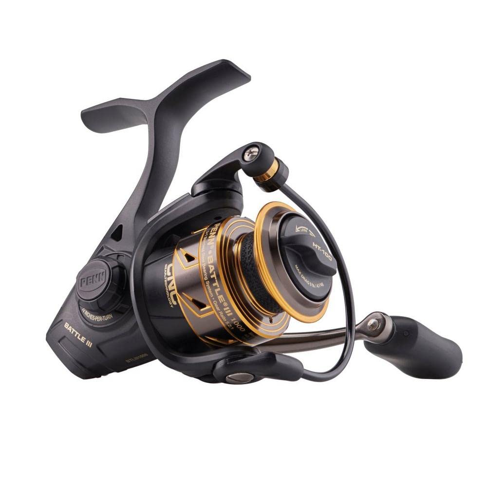 PENN Battle III Spinning, Fishing Reel, Spinning Reels, Sea - Inshore Fishing, Rugged, Saltwater Spin Reel for Lure and Bait Fishing - Bass, Pollack, Cod, Mackerel, Wrasse, Unisex, Black Gold, 1000