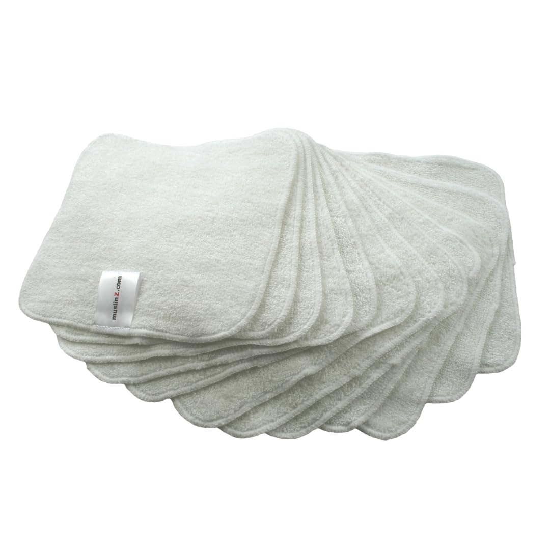 MuslinZ 12PK Bamboo Cotton Terry reusable wash cloths - 20x20 cms - Face Cloth - Washable reuseable Baby Wipes (White)