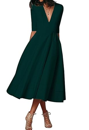 OMZIN Damen Cocktailkleid Elegantes Vintage Kleid V Ausschnitt 50er Retro Partykleid