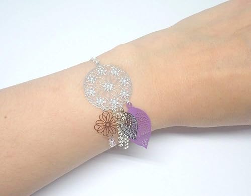 Bracelet Fleurs Fleuri Rosace Estampes Feuilles Breloques Or