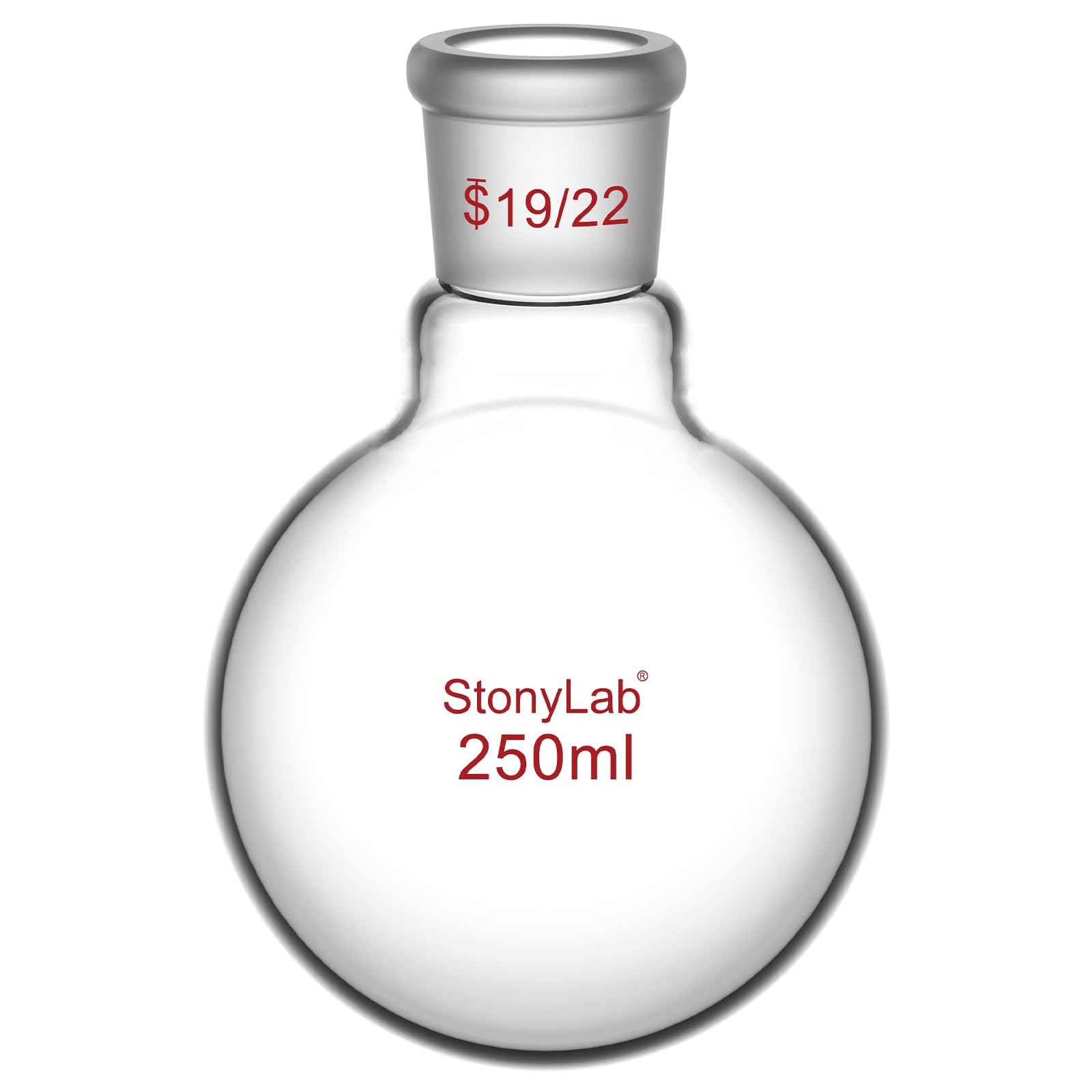 StonyLab Borosilicate Glass 250mL Heavy Wall Single Neck 1 Neck Round Bottom Flask RBF, with 19/22 Standard Taper Outer Joint - 250mL
