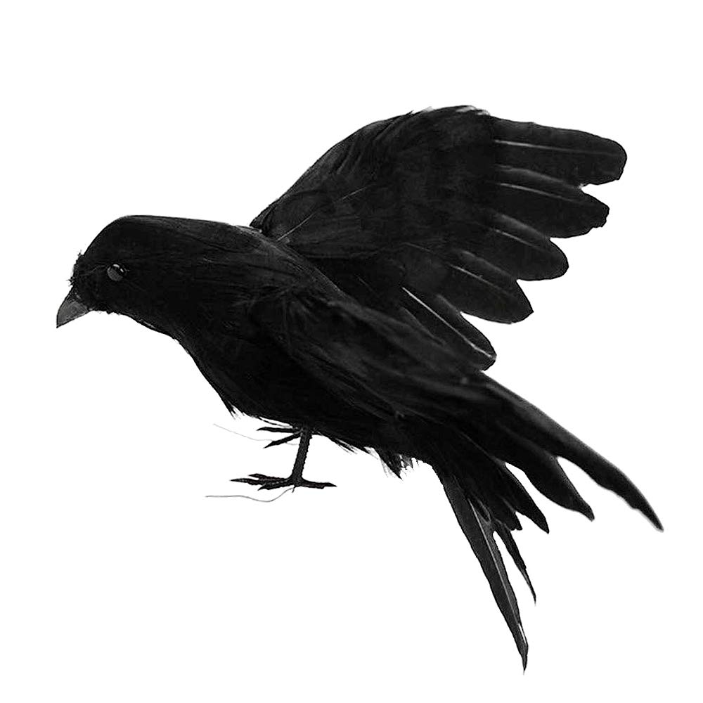 Photo 1 of 5.9" Black Feathered Crows Halloween Decoration Realistic Raven Handmade Artificial Birds Halloween Prop Decor Spooky Party Home Garden Decoration (Black Flying Crow)