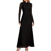 HTZMO Women Fall Long Sleeve Bow Tie Neck Formal Maxi Dresses A Line Flowy Wedding Guest Party Elegant Long Dresses