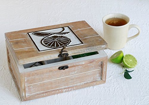 Store Indya Wooden Tea Box Chest with 6 Compartments Hand Carved Tea Bags Condiments Spices Holder Organizer Hand Painted Keepsake Storage Box