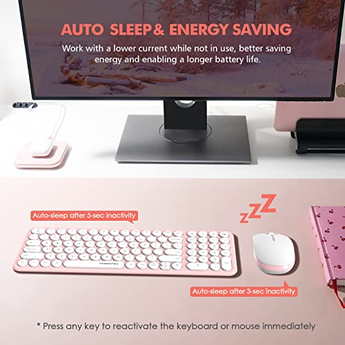 Wireless Keyboard and Mouse Combo, XTREMTEC Cute Keyboard Pink Retro Round Keycap, Ultra Thin Quiet 2.4GHz Retro Kawaii Keyboard for Mac/PC/Laptop (Sakura Pink)
