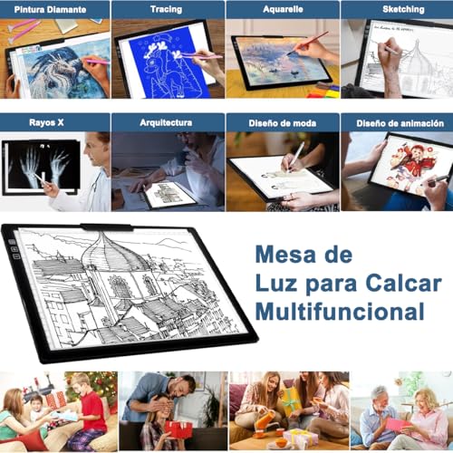 FHZLAJ Mesa de Luz para Calcar Dibujo A4, Tablero de Iluminación Almohadilla de Luz LED Copia 6 Modos Ajustable Recargable con Botón Táctil para Artista Pintura Diamante Dibujo Arquitectura Caligrafía