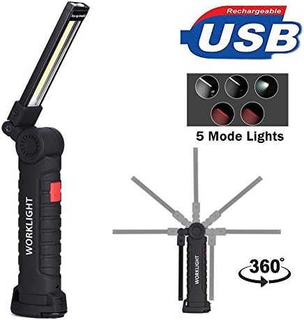 USB Rechargeable Work Light, 2018 Large COB Portable Work Lights 5 Lighting Modes Led Portable Flashlight with Magnetic Base Ultra Bright Inspection Lamp for Car Repairing, Workshop, Garage, Camping