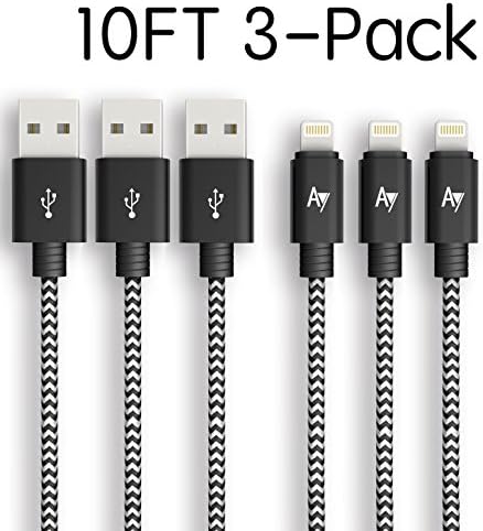 AYIPE iPhone Charger Lightning Cable for iPhone 8/7/7 Plus/6/6 Plus/6S/6S Plus,SE/5S/5,iPad,iPod Nano 7 [3-Pack] - 10 Feet (3 Meters) - BlackWhite - Nylon Braided