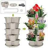 Amazing Creation Stackable Planter Vertical Garden for Growing Strawberries, Herbs, Flowers, Vegetables and Succulents| Indoor/Outdoor 5 Tier Gardening Tower| Hanging Planter (Off-White)