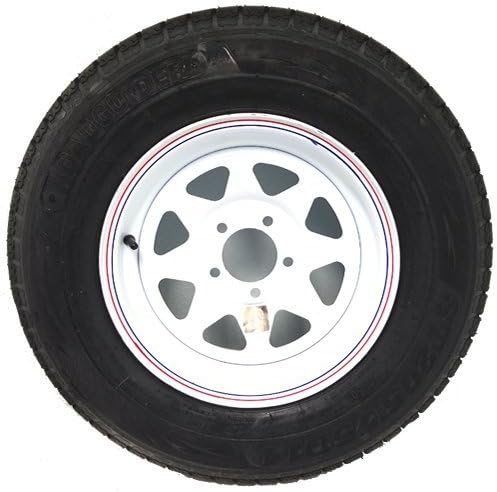 14" White Spoke with Red and Blue Pin Stripe Trailer Wheel with Radial RoadGuider ST20575R14C Tire Mounted (5-4.5" Bolt Circle)