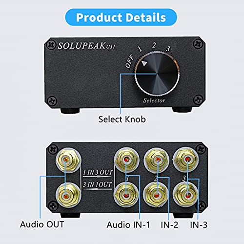 SOLUPEAK U31 Premium RCA Switch Box, 3 in 1 Out Audio Switch, Stereo