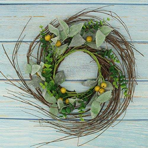 CVHOMEDECO. Rustic Country Artificial Lambs Ear/Boxwood and Twig Wreath, Year Round Full Green Wreath for Indoor or Outdoor Display, 14-Inch