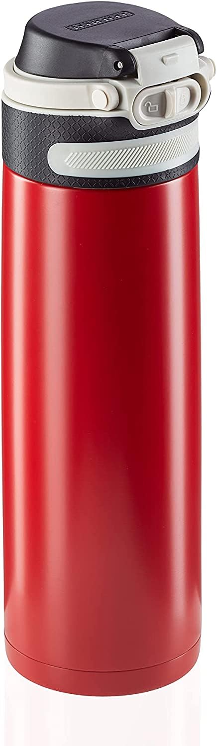 Leifheit Insulating Mug Flip 600 ml, coffee mug 100% leak-proof, practical one-hand opening, drinking mug to go with fruit filter, keeps drinks hot for up to 6 hours, red