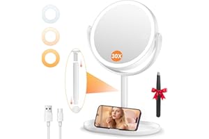 Auxmir Makeup Mirror with Lights, Double Sided 30X/1X Magnifying Mirror with Light, 3 Color Stepless Dimmable with Touch Screen, Rechargeable 360° Free Standing Vanity Mirrors for Bathroom, Bedroom