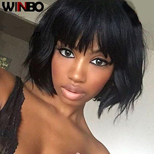 WINBOWIG 9A Short Bob Wavy Human Hair Lace Front Wigs 100% Brazilian Virgin Human Hair Full Lace Wig with Full Bangs Unprocessed Natural Black Color 150% Density(10INCH,LACE FRONT WIG)