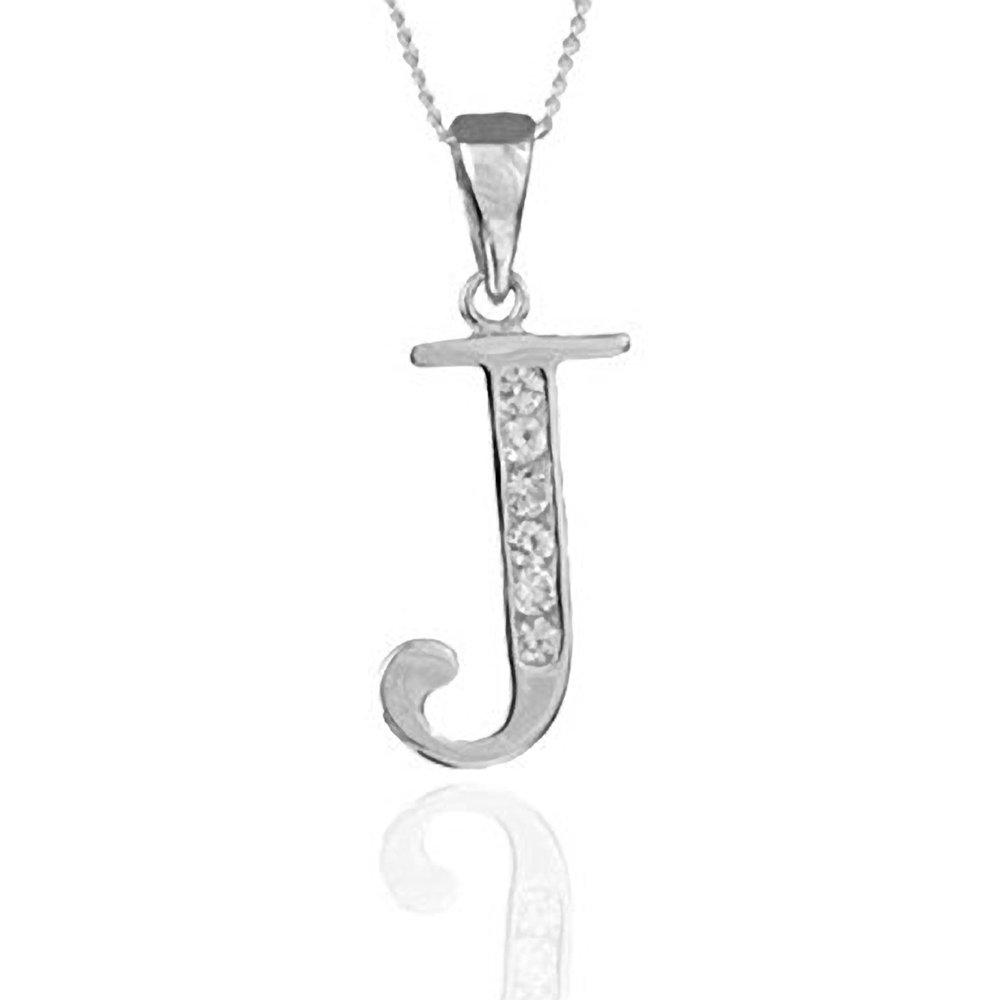 Designer Inspirations Boutique Alphabet/Initial Letter J Sterling Silver Pendant Necklace With Sparkly CZ Stones - On 18" Inch/46cm Chain — image 1