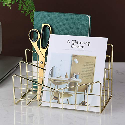 Simmer Stone 3 Slot Letter Holder, Multifunctional Desk Wire Letter Sorter, Decorative File Storage Organizer for Postcard, Mail, Brochure and Notebook, Gold