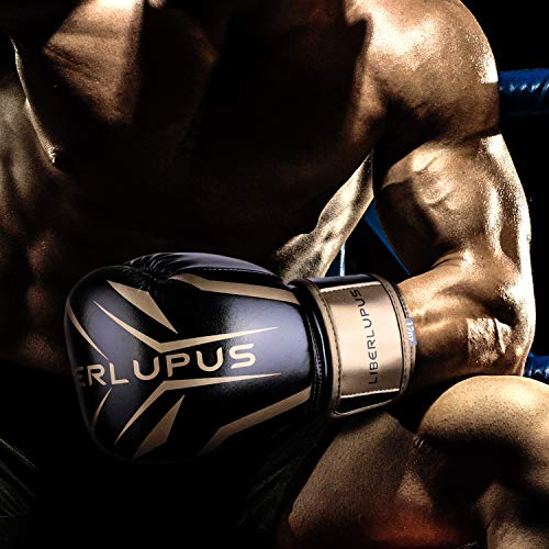 Liberlupus Cool Style Boxing Gloves for Men & Women, Boxing Training Gloves, Kickboxing Gloves, Sparring Gloves, Heavy Bag Gloves for Boxing, Kickboxing, Muay Thai, MMA(Black & Golden, 16 oz)