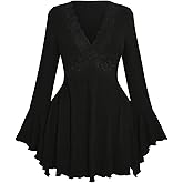 BEAUDRM Women's Plus Size Lace Trim Short Dress Bell Long Sleeve Deep V Neck A Line Dresses