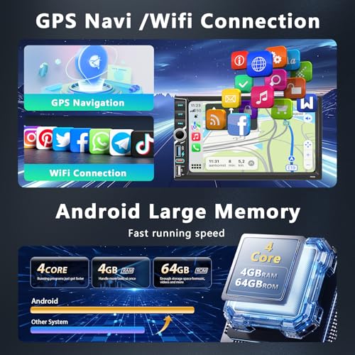 Motorsi 4+64G 2Din 7 Inch Car Radio with Wireless A-pple Carplay/Android Auto, Android Screen with GPS/Bluetooth/Mirror Link/SWC/FM/RDS/WiFi Support Rear Camera