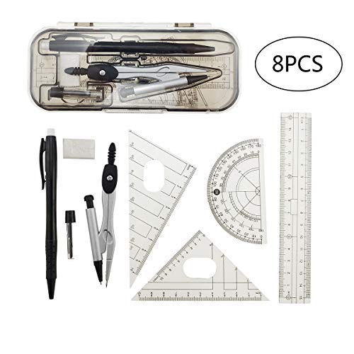 8 Pcs Compass Set with Swing Arm Protractor, Geometry Set Math Drafting for School Students withal Ruler, Eraser (Black, 8Pcs)