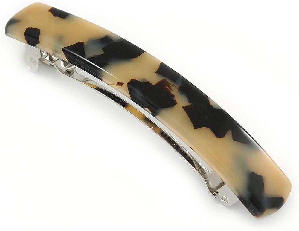 Medium Animal Print Acrylic Barrette Hair Clip Grip (Nude/Dark Brown) - 85mm Across, silver, brown, beige