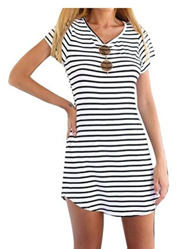 Hot Sale Dresses,Han Shi Women Sexy Strip Sleeveless Cotton Soft Mini Casual Sundress (L, White)