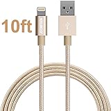 JOOMFEEN Nylon Braided 10ft/3m Extra Long 8pin Charging Cable USB Cord Charger for Apple iphone se, 7,7 plus,6s, 6s plus, 6plus, 6,5s 5c 5,iPad Mini, Air,iPad5,iPod on iOS9 - Gold