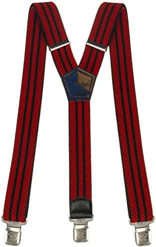 Mens Suspenders Wide Adjustable and Elastic Braces Y Shape with Very Strong Clips - Heavy Duty (Red Black)