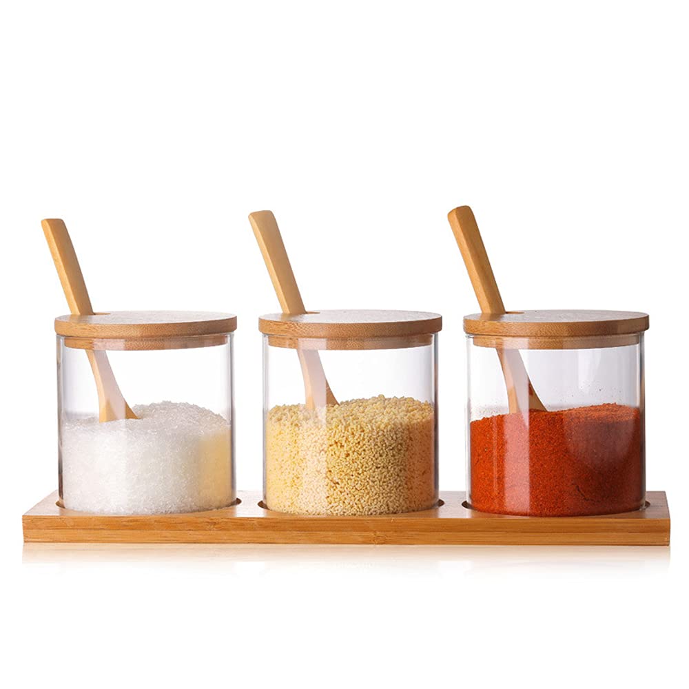 Hniuyun Condiment Container Seasoning Box Set, Glass Condiment Canisters Pots, Salt Sugar Spice Coffee Jar with Bamboo Wooden Spoon Lid and Base, Set of 3 10oz