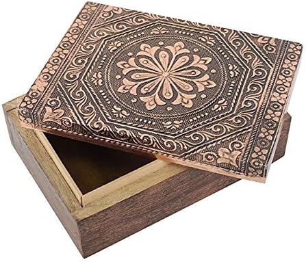 Caja decorativa rectangular de madera de mango con tapa de metal de cobre: Amazon.es: Hogar