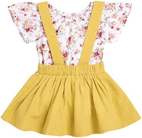 Imsmart Baby Girl 2pcs Outfits Floral Short Sleeve Ruffled T-Shirt Top+Suspender Braces Skirt Overalls (Floral+Yellow, 90(3-6M))
