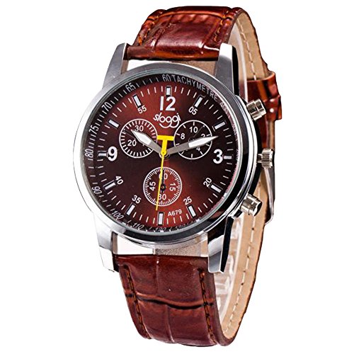 Han Shi Wristwatches, Mens Fashion Luxury Crocodile Faux Leather Stainless Steel Analog Watch (A, Brown)