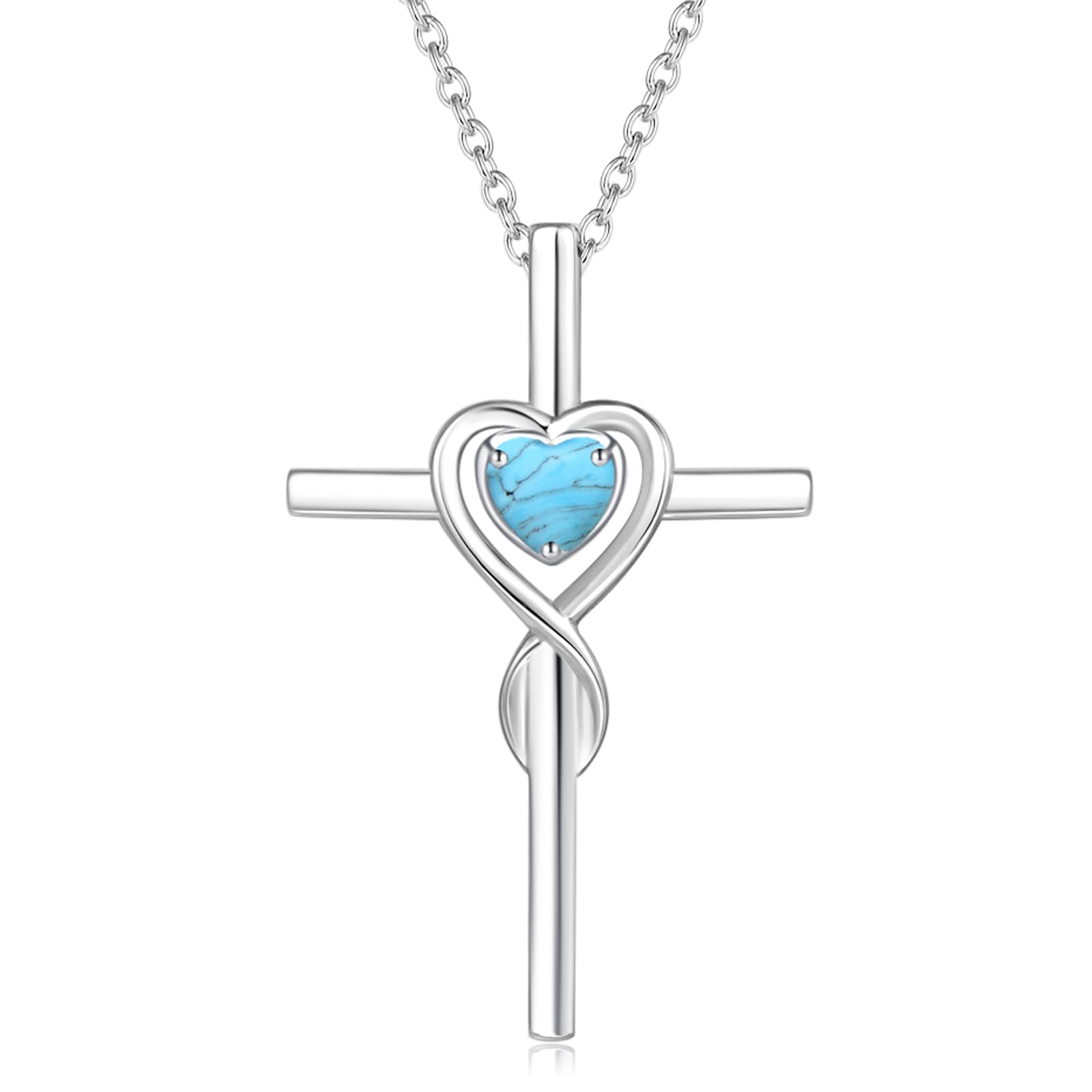FANCIME 925 Sterling Silver Crucifix Infinity Heart Cross Pendant Necklace with Created Turquoise Gemstone December Birthstone Fine Jewellery for Women Girls - Chain Length: 16 + 2 Inch