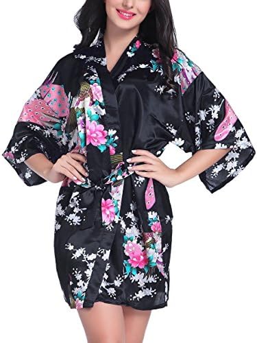 Admireme Women's Satin Robes Short Silky Bridal Robe Floral Bathrobe Peacock Kimono Robe for Wedding Party