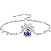 LONAGO Paw Print Bracelet for Pet 925 Sterling Silver Birthstone Dog Paw with Bone Bracelet for Women