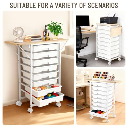 Rolling Storage Cart with Drawers, Craft Storage Cabinet with 8 Drawers and Wooden Tabletop, Utility Cart with Foldable Dual Side Panels & Wheels for Bedroom, Bathroom, Dorm, Office, Kitchen, White
